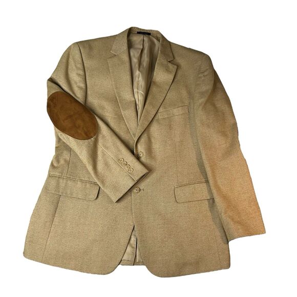 Club Room Herringbone Blazer Sport Coat Elbow Patch Mens 42R Tan Academia - Picture 13 of 13